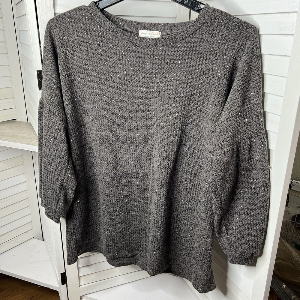 Perfect Peach Boutique Brand Women's XL Sweater Gray Sparkle Knit Puff‎ Sleeve